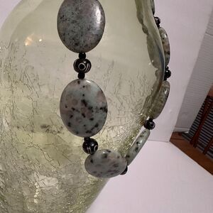 Oval Stone and Wood Beaded 20” Necklace -Green Speckled Stone & Black Wood Beads